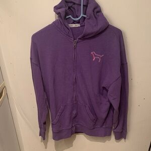 PINK Purple Zip Up Hoodie W/ Pink Dog Logo and Multicoloured peace Sign SZ XS